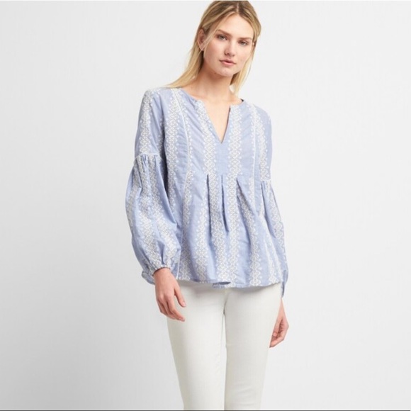 Gap Eyelet Lace Split-Neck Blouse in Chambray - Picture 2 of 8